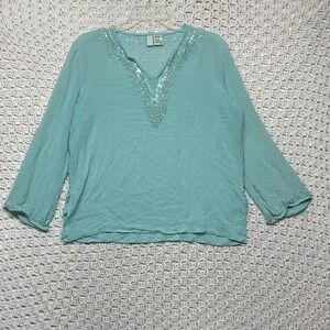 ITSU Silk Chiffon Tunic Top Women 16W Green Beaded Long Sleeves V Neck‎ Sheer